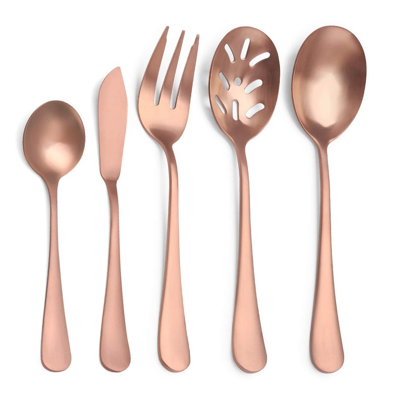 sharecook Matte Rose Gold Serving Setï¼ŒSHARECOOK 5-Piece 18/0 Stainless Steel Large Hostess Set with Round Edge, Satin Finished, Dishwasher Safe -Spoons, Forks,Butter Knife& Slotted Spoon - Image 1